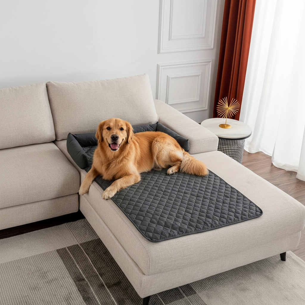 Dog relaxing on a sofa protected by a waterproof dog sofa bed cover