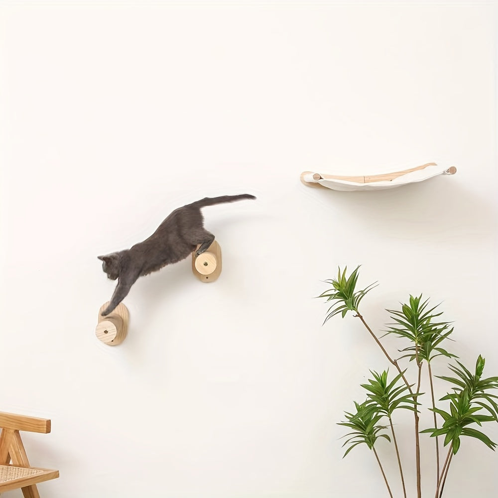 Cat climbing on a wall-mounted wooden structure of a wall cat tree indoor activity center.