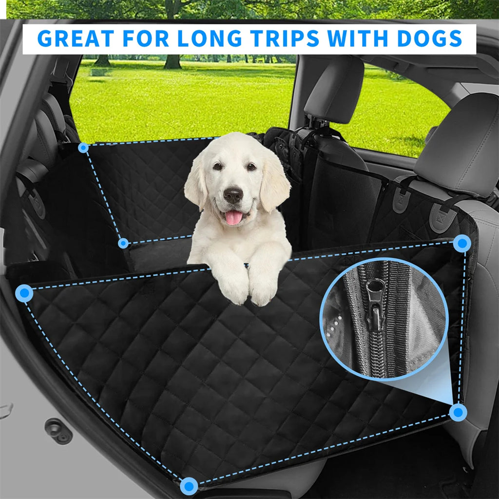 Waterproof dog car seat cover in a vehicle with a dog, ideal for long trips and pet comfort during travel.