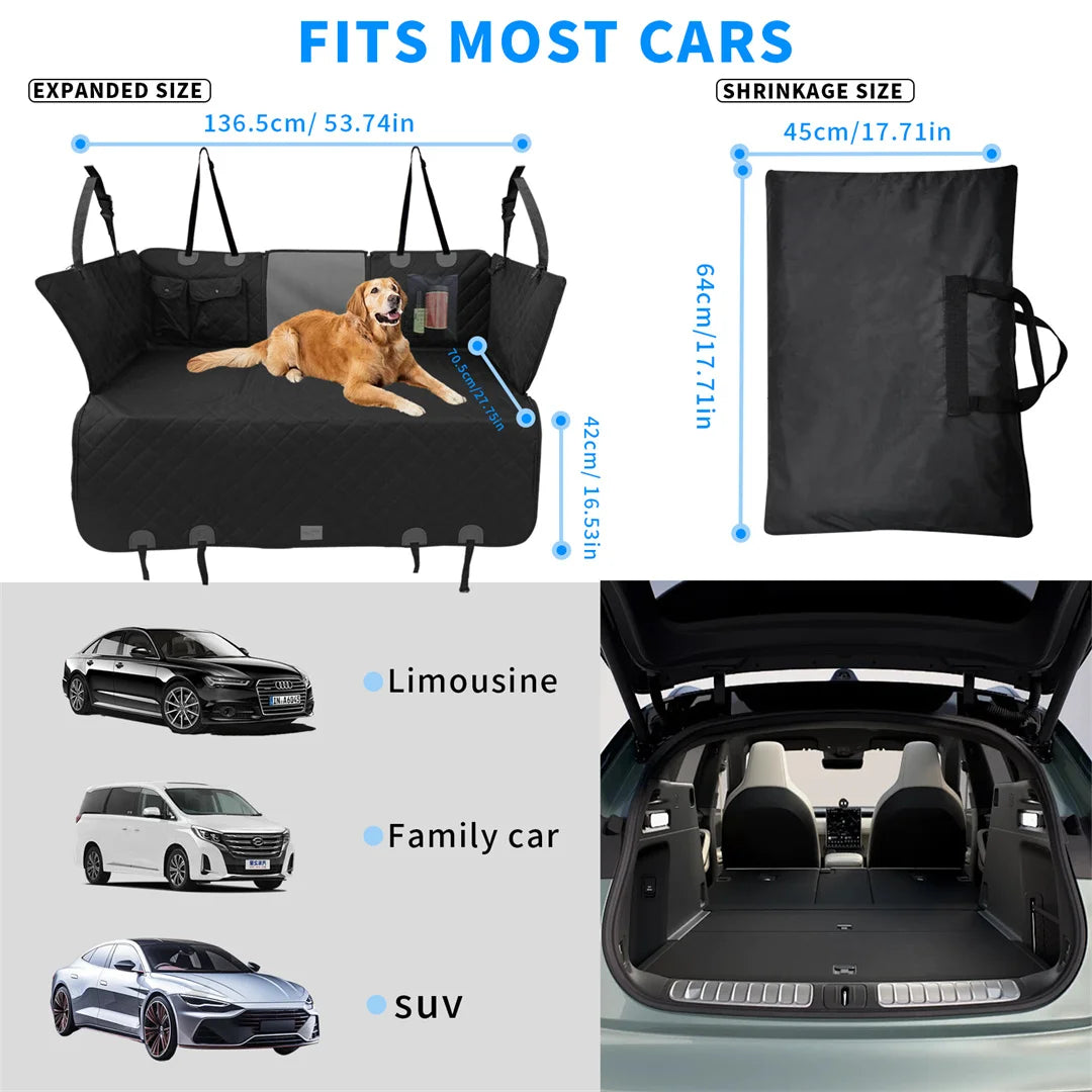 Waterproof dog car seat cover fits most cars, including SUV, limousine, and family car, with expanded and shrinkage size shown.