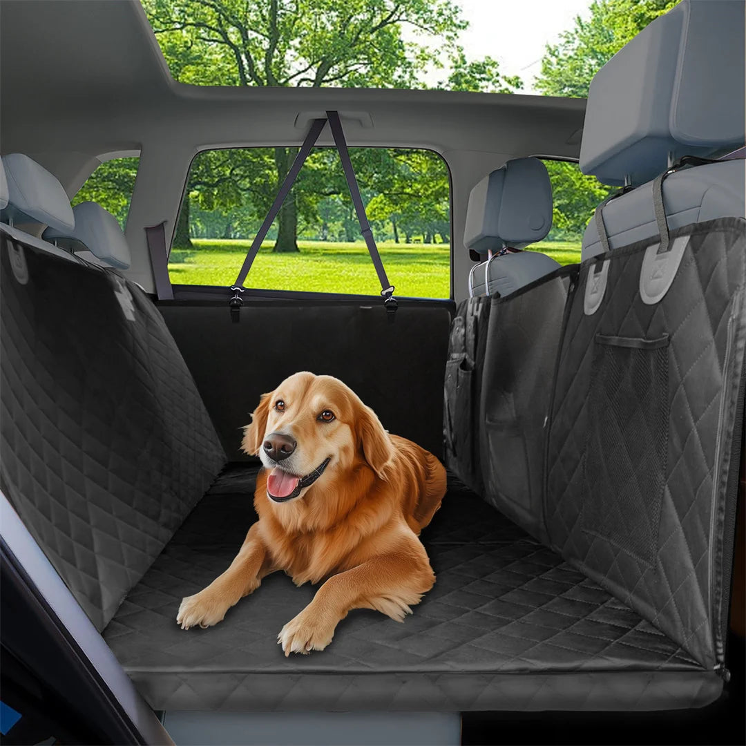 Waterproof dog car seat cover with a golden retriever sitting comfortably in a spacious backseat hammock.